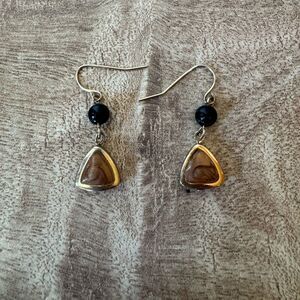 Dainty Dangle Drop Triangle Earrings Black & Gold Tones Enameled Neutral Tone